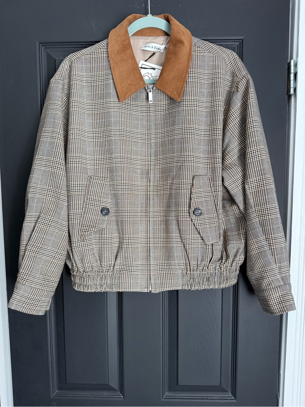 Plaid Bomber Jacket with Corduroy Collar